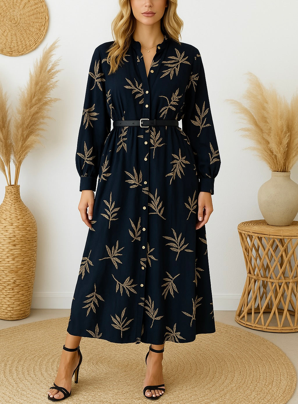 Robe “Mira” – Vert Amande & Imprimé Feuilles