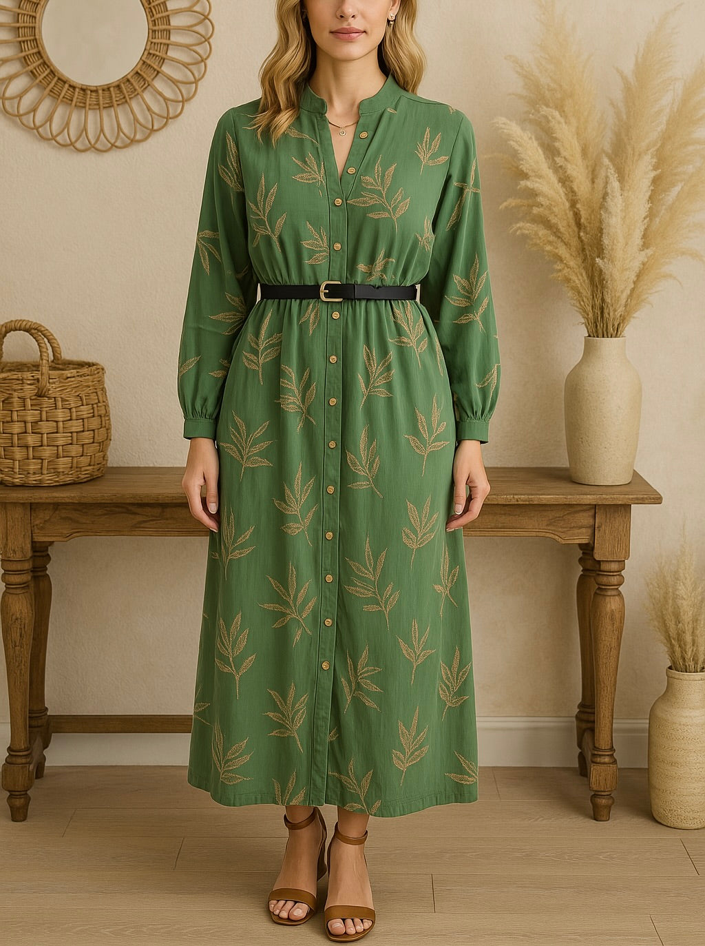 Robe “Mira” – Vert Amande & Imprimé Feuilles