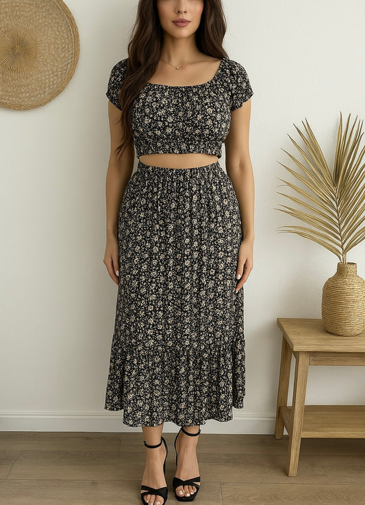 Ensemble Fleuri “Lina” – Noir & Beige