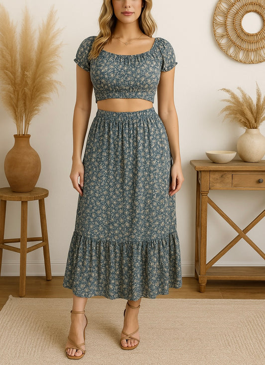Ensemble Fleuri “Lina” – Bleu & Beige