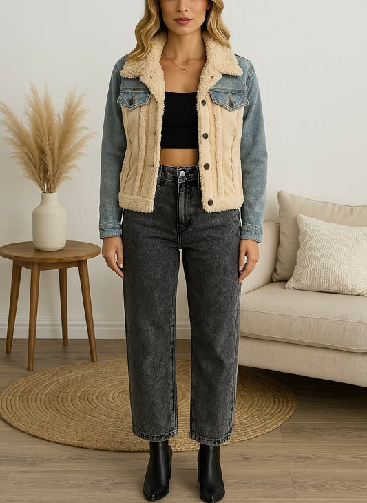 Blouson Bi-Matière Jean et Peau Lainée