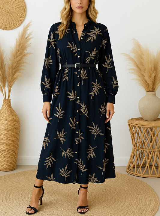 Robe “Mira” – Noire Imprimé Feuilles