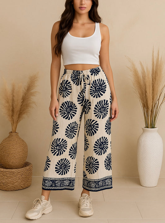 Pantalon “Luma” – Imprimé Bleu & Blanc Cassé