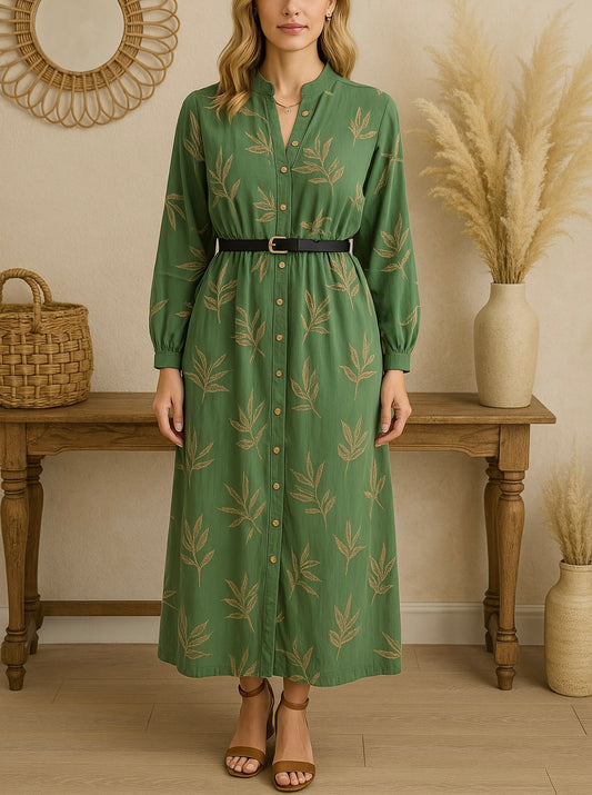 Robe “Mira” – Vert Amande & Imprimé Feuilles
